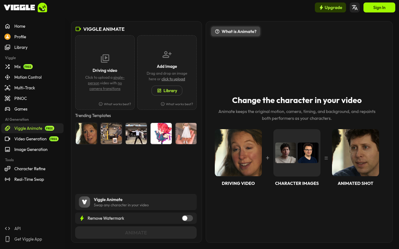 Viggle Real-Time Swap live character interface