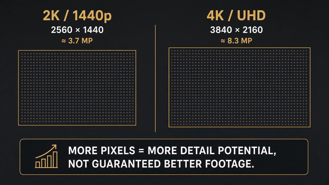 2560 by 1440 about 3.7 megapixels versus 3840 by 2160 about 8.3 megapixels