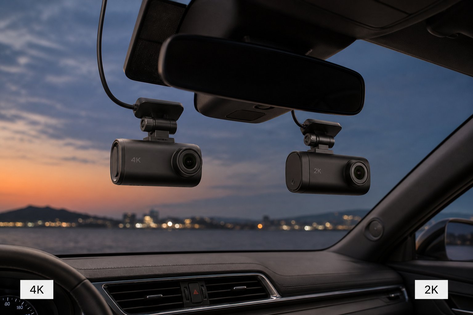 4K vs 2K dash cam comparison of two windshield cameras in a premium vehicle