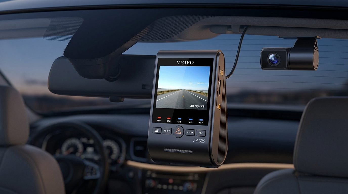VIOFO A329S 2CH front and rear dash cameras installed in a premium vehicle
