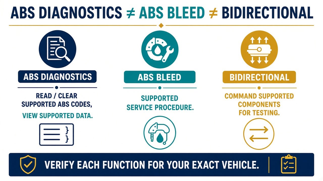 Graphic separating ABS diagnostics, ABS bleed, and bidirectional tests