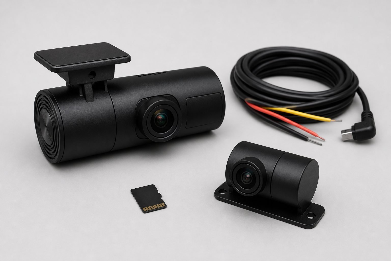 Add-on dual-camera kit concept showing front unit, rear unit, power connection, and microSD storage