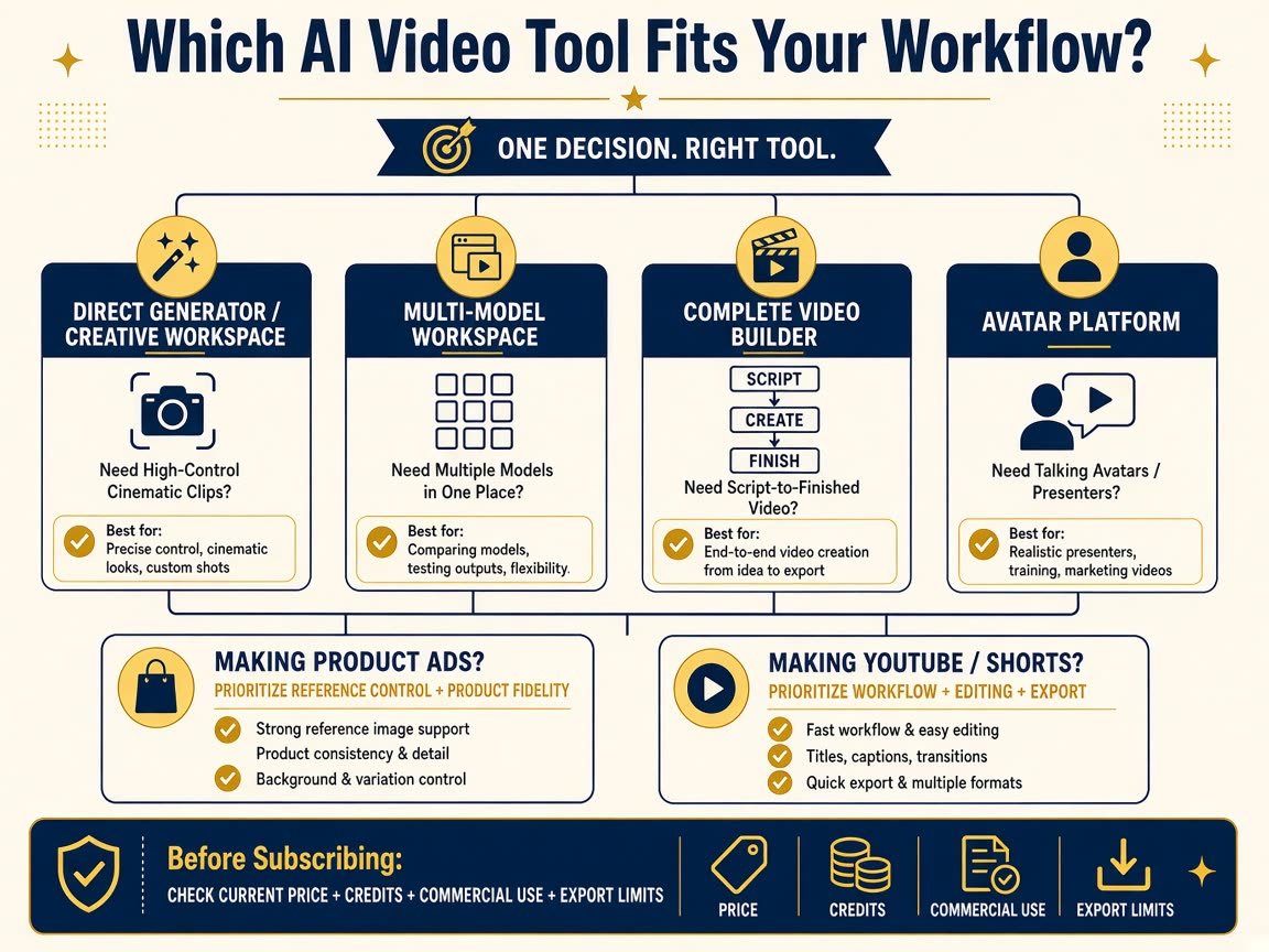 Which AI video tool fits your workflow decision infographic with no universal winner
