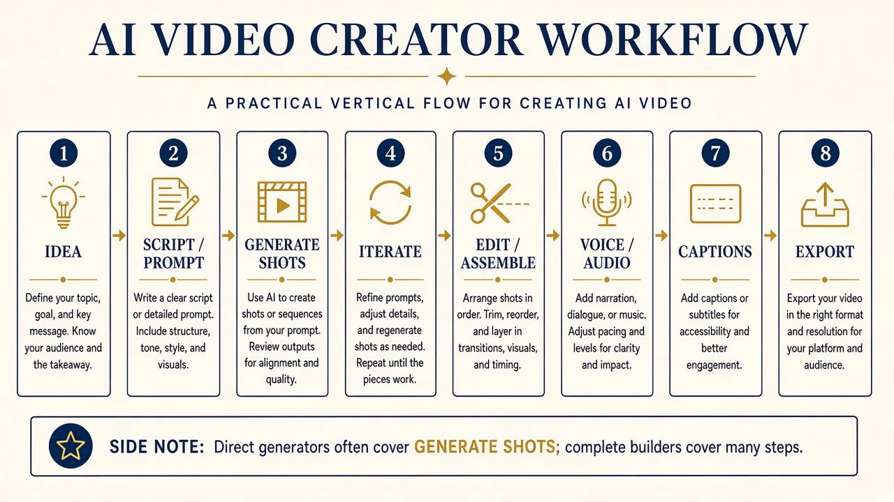 AI video creator workflow from idea and script through generate iterate edit audio captions export