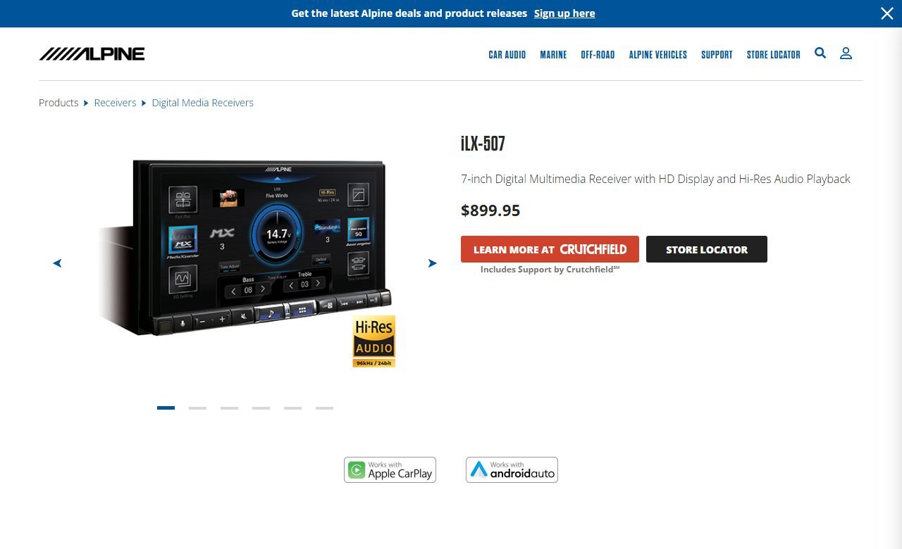 Alpine USA product page for the iLX-507 showing the 7-inch receiver, a manufacturer price of 899.95 dollars, and Apple CarPlay and Android Auto badges