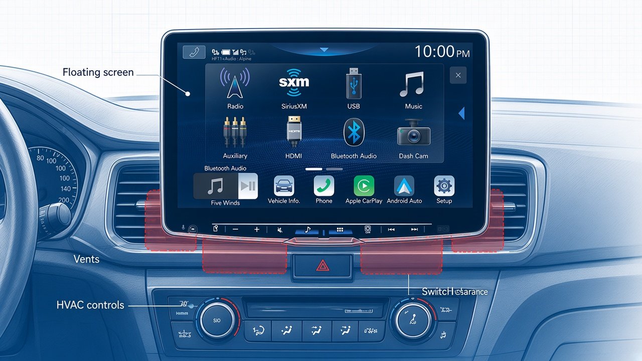 Educational diagram of an 11-inch floating head unit near dashboard vents, HVAC buttons, and switches