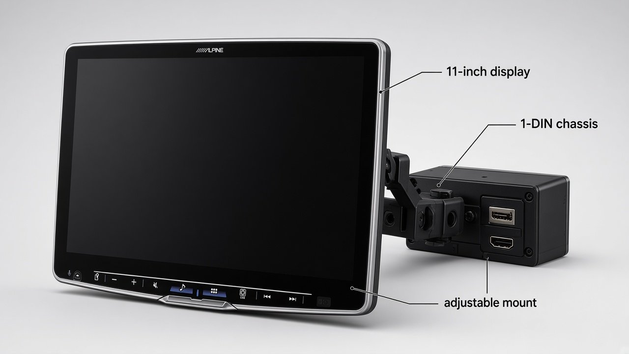 Alpine iLX-F511 Halo11 hardware: 11-inch display, single-DIN chassis, adjustable mount, and bezel controls