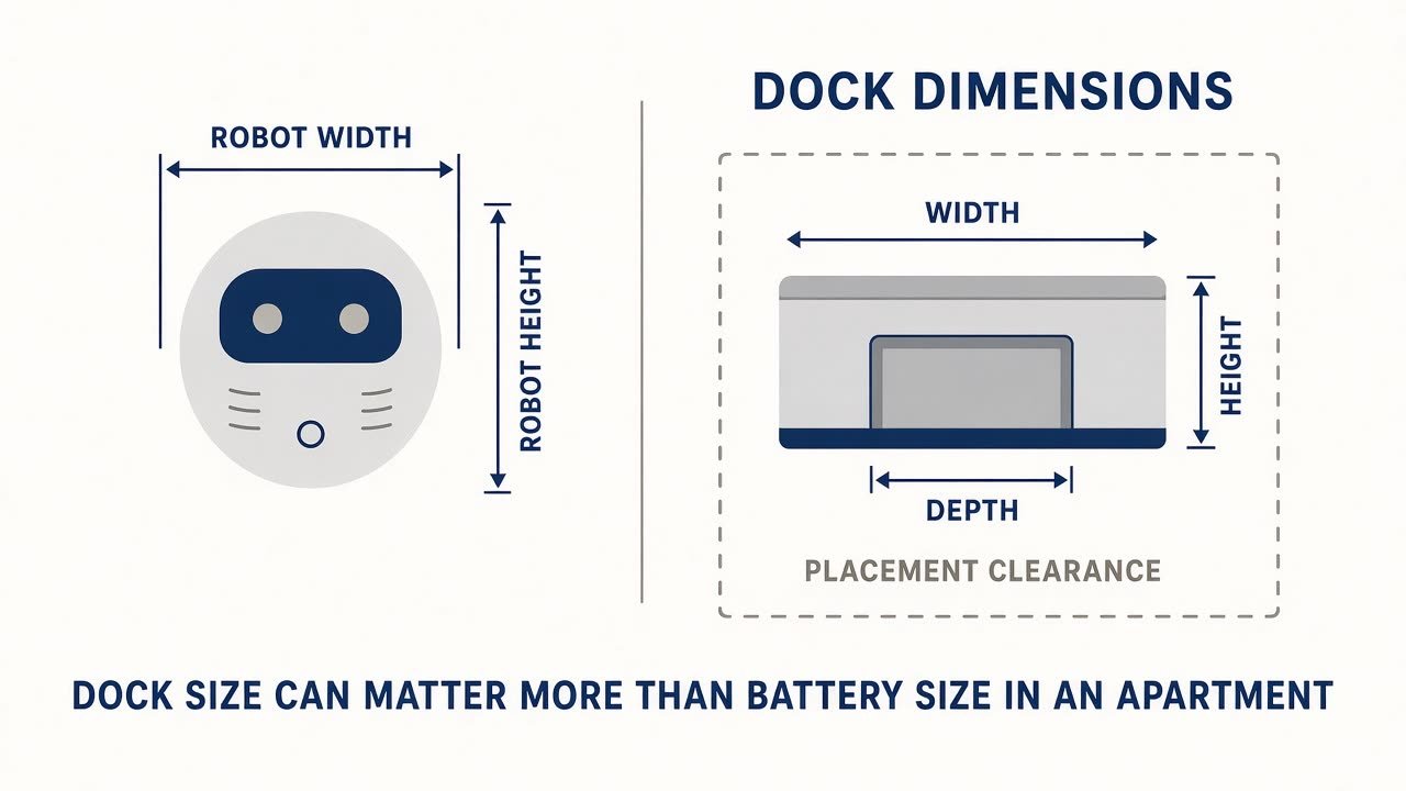 Top-down diagram of robot width and height plus dock width, depth, height and clearance