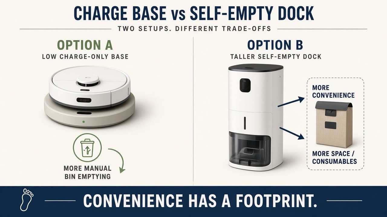Charge-only base versus a self-empty dock: convenience has a footprint