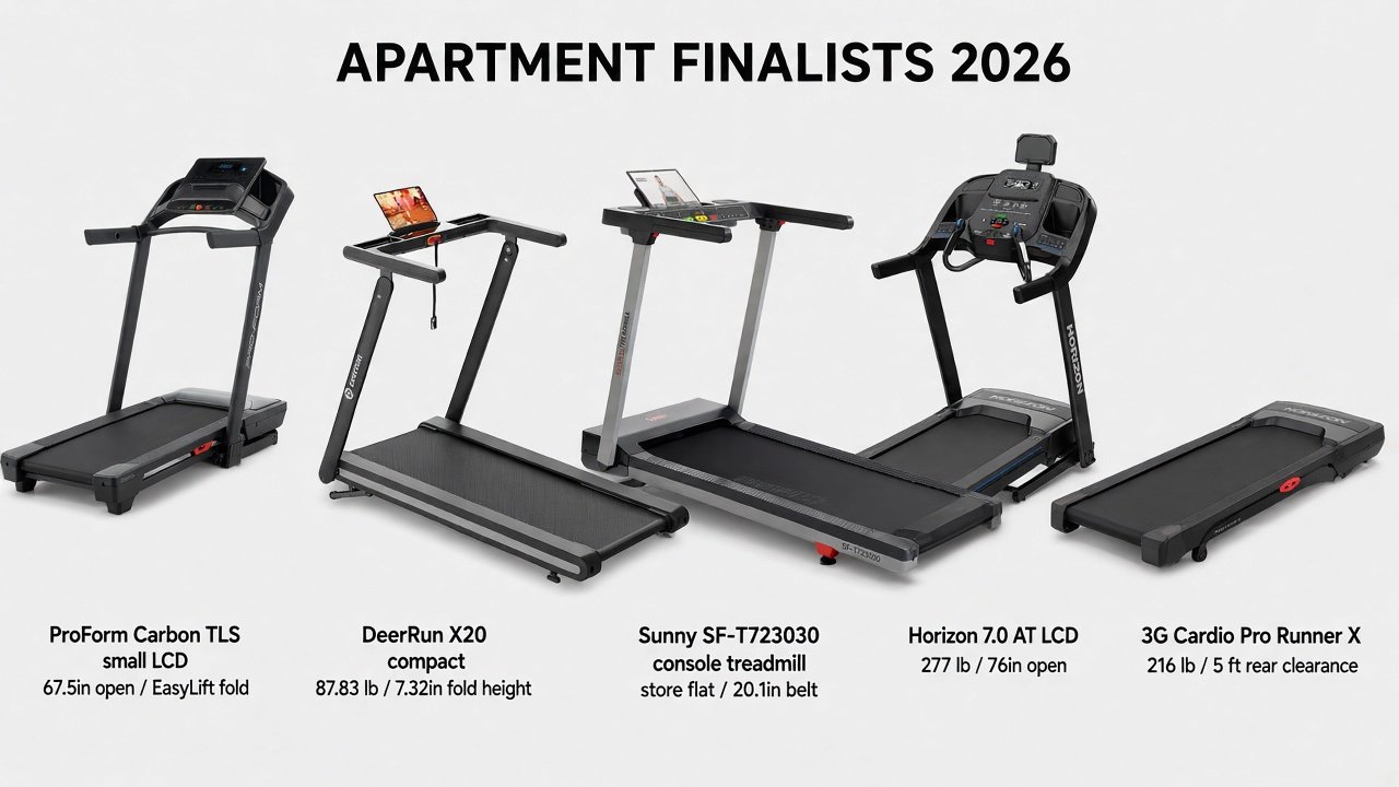 Five current apartment-focused home treadmills: Carbon TLS, DeerRun X20, Sunny SF-T723030, Horizon 7.0 AT, Pro Runner X
