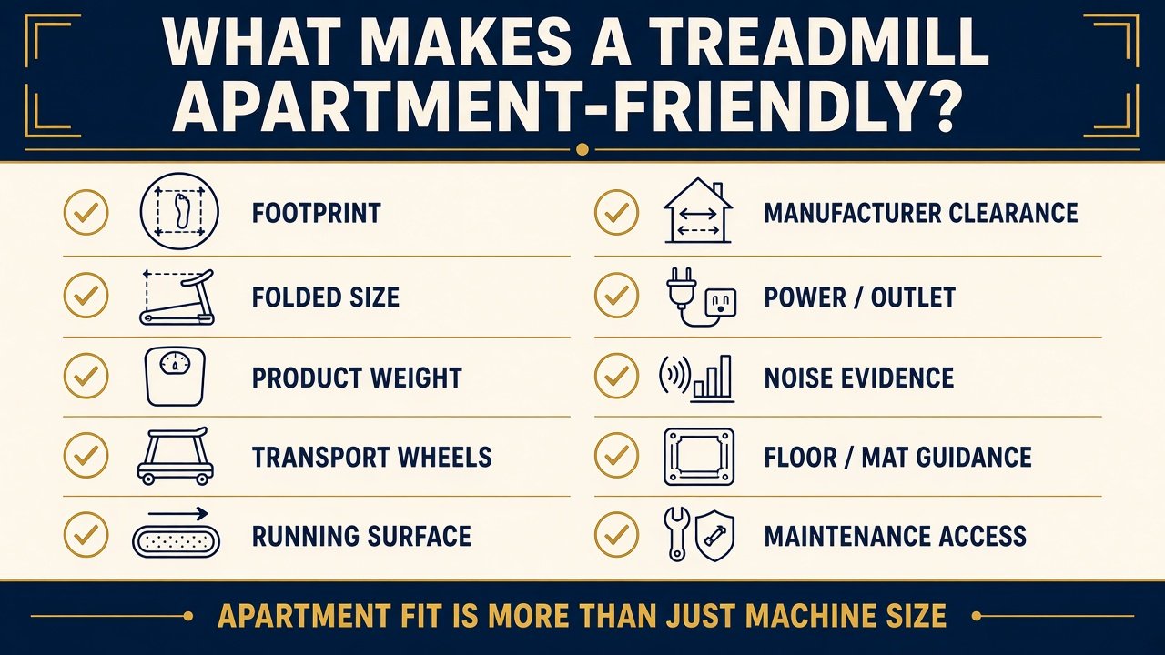 Graphic listing what makes a treadmill apartment-friendly beyond machine size