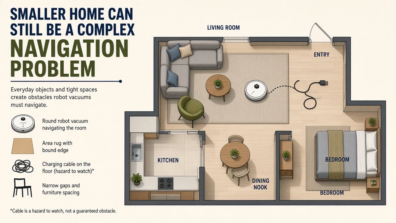 Robot navigating sofa legs, a rug, and floor clutter in a small layout