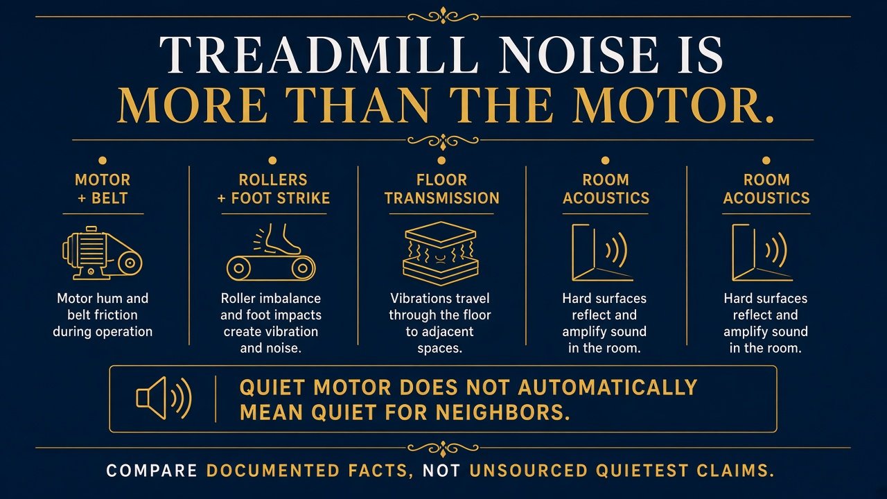Graphic showing treadmill sound can include motor, belt, foot strike, floor transmission, and room acoustics
