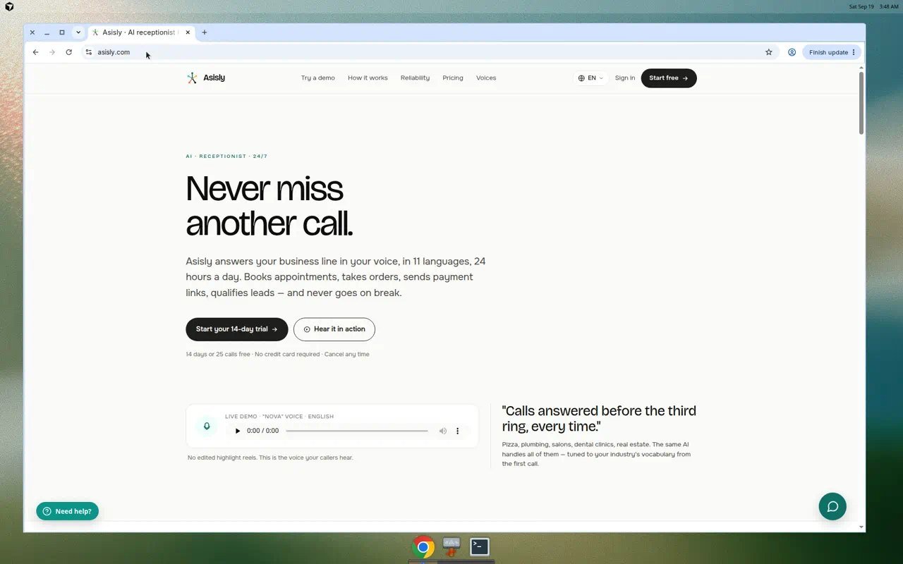 Asisly homepage positioning an AI receptionist for service businesses