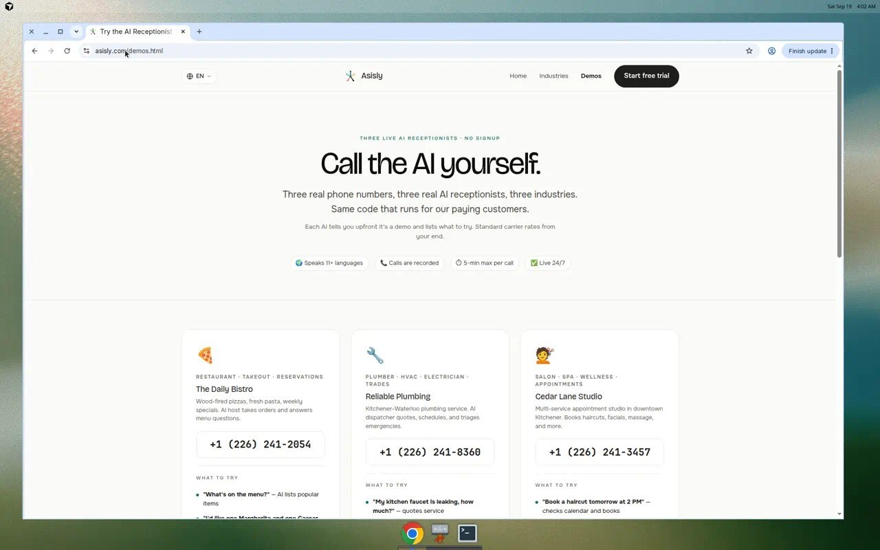 Asisly live demo phone numbers for restaurant, trades, and salon AI lines