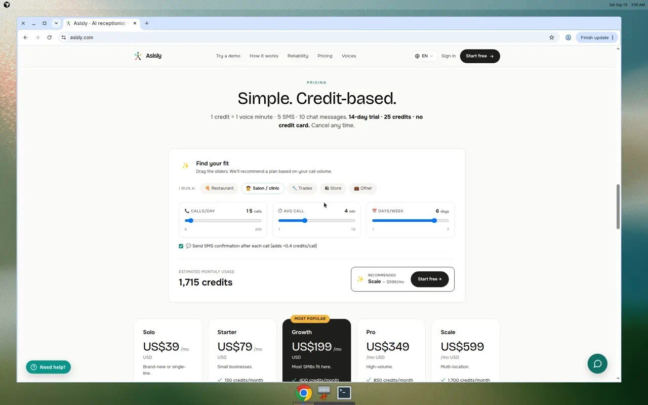 Asisly credit-based CAD pricing plans from Solo to Scale