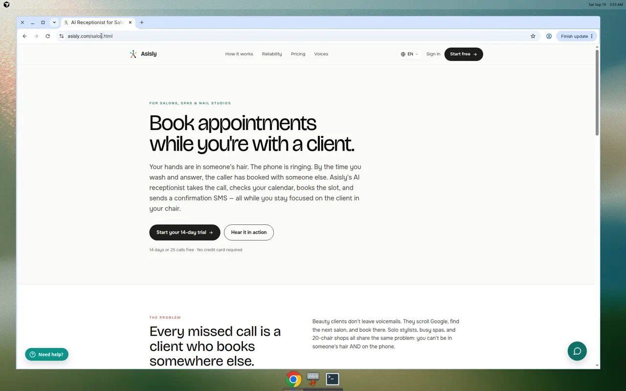Asisly salon page describing calendar booking, reschedule, and cancel