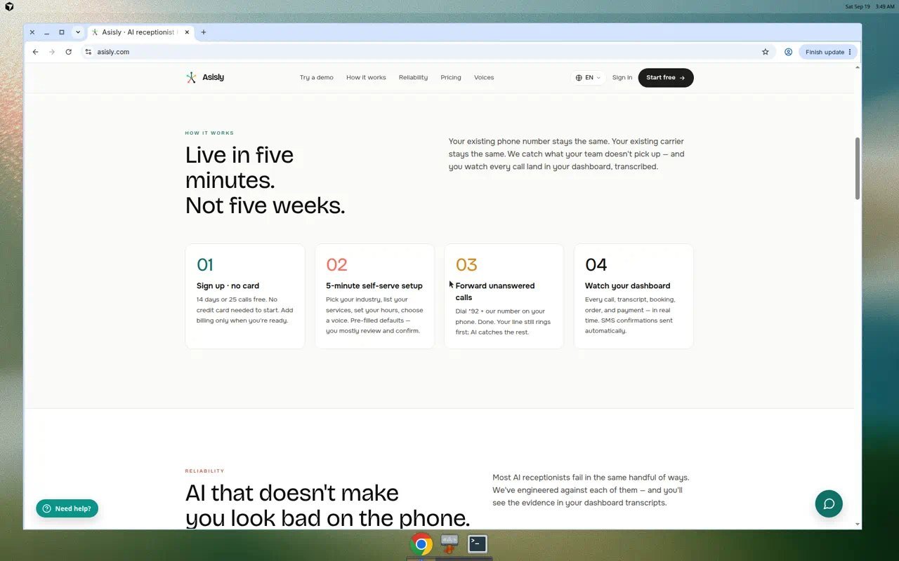 Asisly homepage explaining five-minute setup and dashboard transcripts