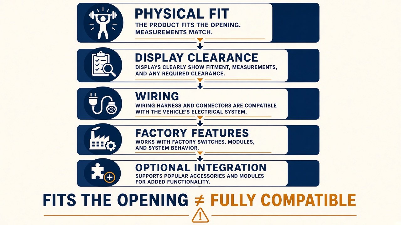Physical fit, display clearance, wiring, factory features, optional integration
