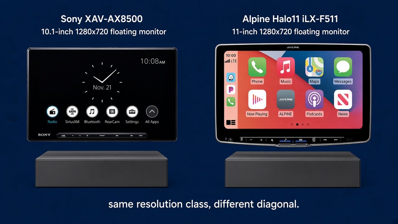 10.1-inch Sony versus 11-inch Alpine Halo11 floating screens, both 1280 by 720
