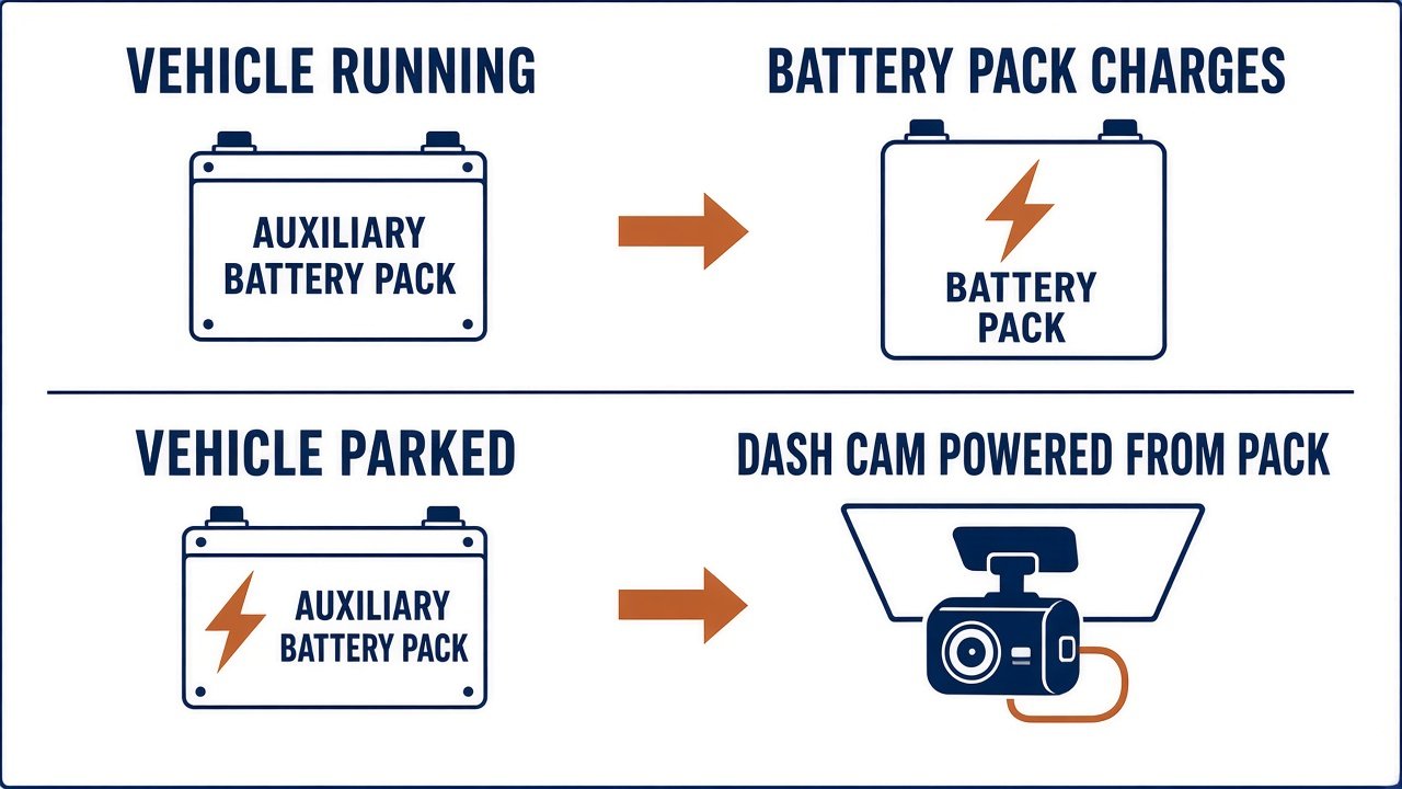 Diagram of a dash cam battery pack charging while driving and powering the camera while parked