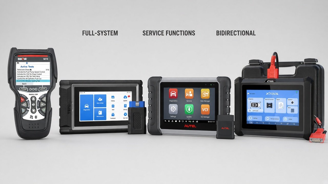 Four Amazon-gated DIY scanners: Innova 5610, TOPDON ArtiDiag800BT 2, Autel MK808BT PRO, XTOOL D7S