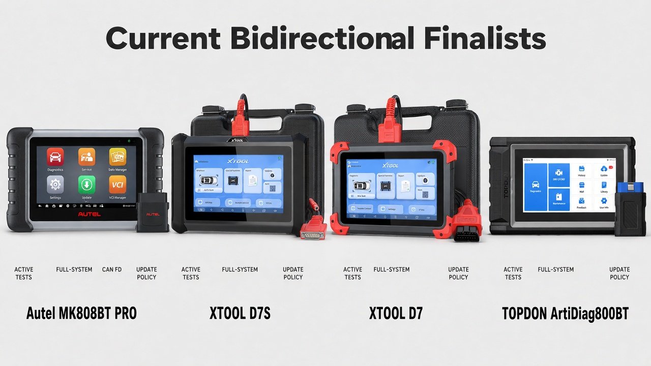 Four Amazon-gated bidirectional scanners: Autel MK808BT PRO, XTOOL D7S, XTOOL D7, TOPDON ArtiDiag800BT 2