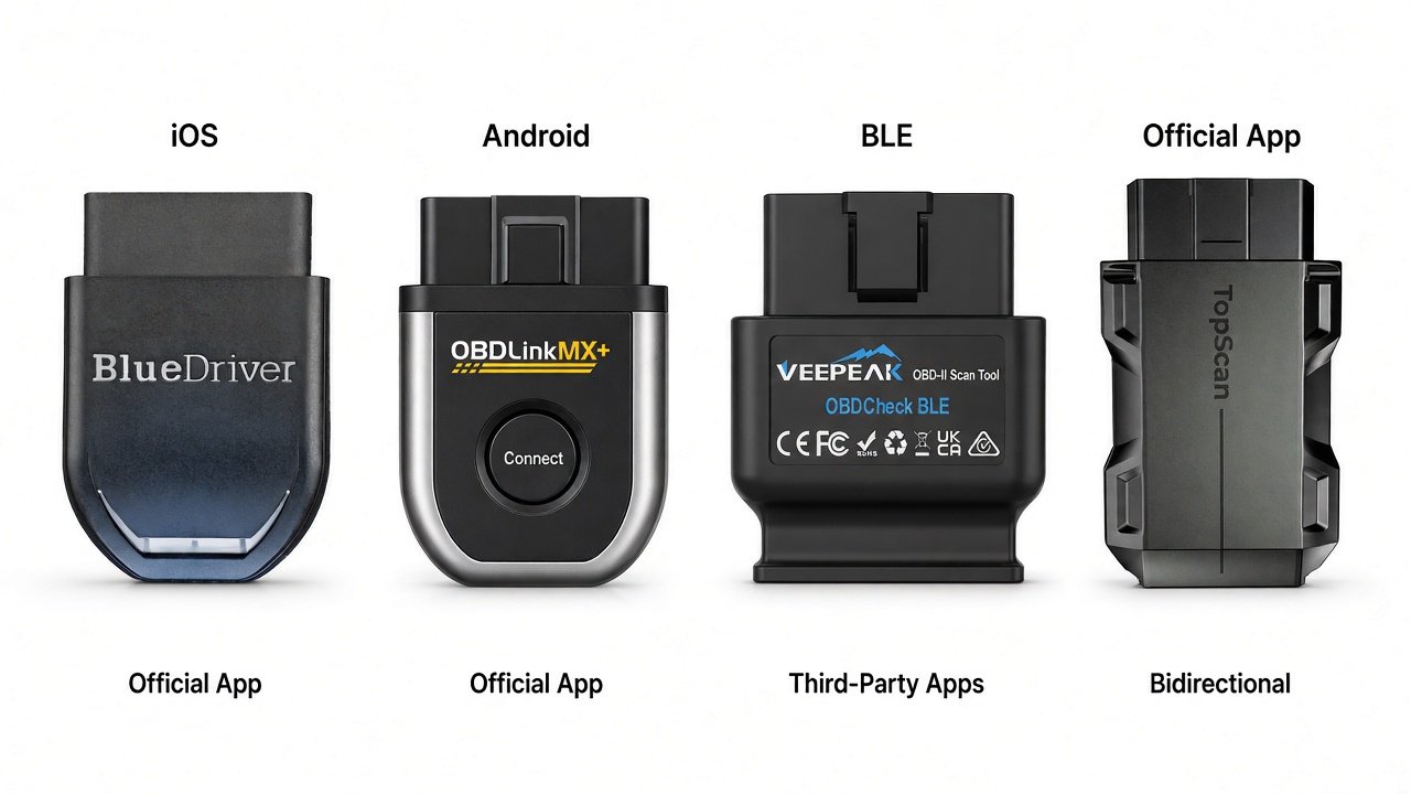 Four Amazon-gated Bluetooth adapters: BlueDriver, OBDLink MX+, Veepeak OBDCheck BLE, TOPDON TopScan