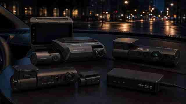 best dash cam for night driving lineup on a dark dashboard with city lights