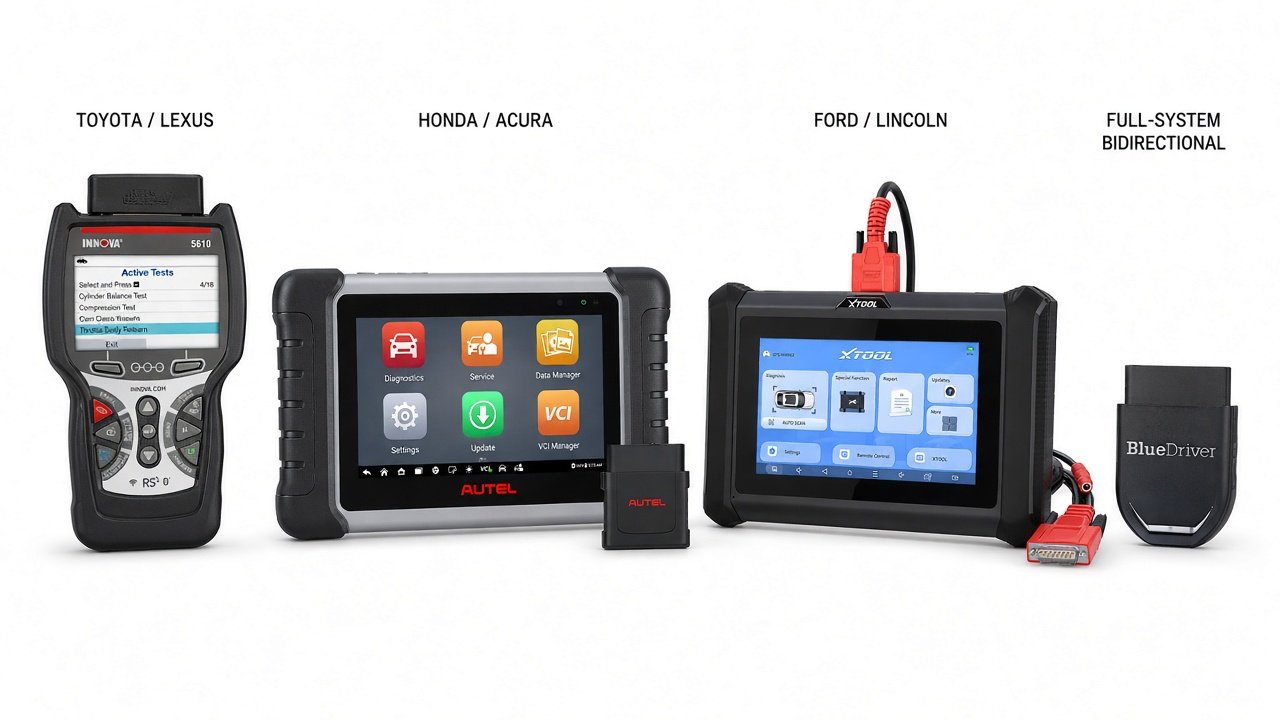 Four Amazon-gated scanners: Innova 5610, Autel MK808BT PRO, XTOOL D7S, BlueDriver