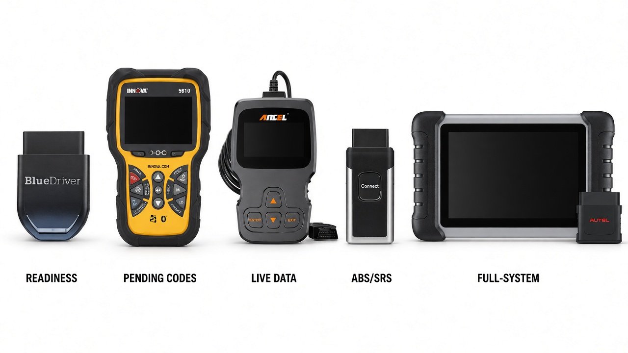 Five Amazon-gated tools: BlueDriver, Innova 5610, ANCEL AD310, OBDLink MX+, Autel MK808BT PRO