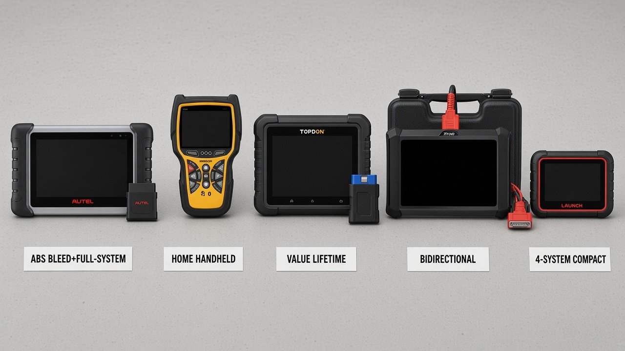 Five Amazon-gated tools: Autel MK808BT PRO, Innova 5610, TOPDON AD800BT 2, XTOOL D7S, LAUNCH CRP123X Elite