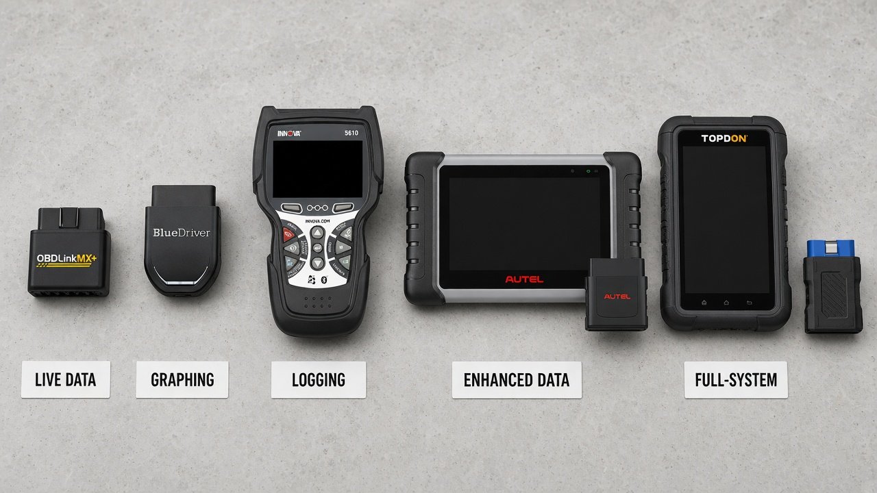 Five Amazon-gated tools: OBDLink MX+, BlueDriver, Innova 5610, Autel MK808BT PRO, TOPDON AD800BT 2