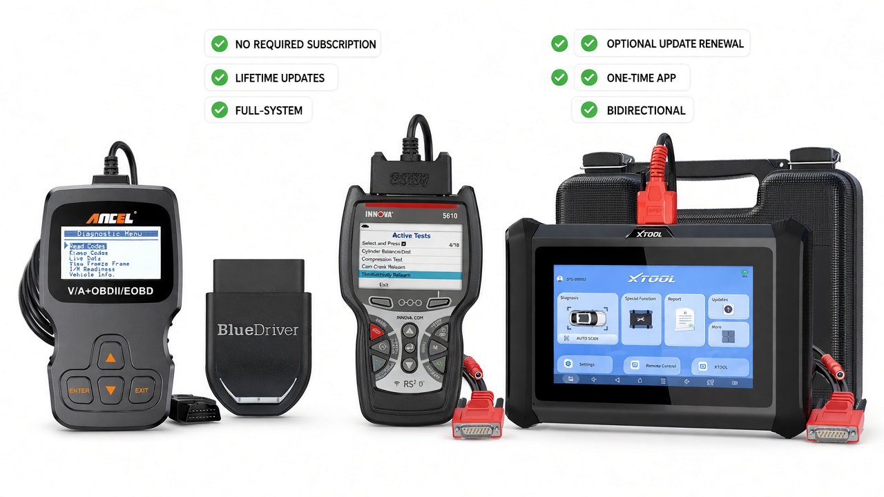 Four Amazon-gated scanners: ANCEL AD310, BlueDriver, Innova 5610, XTOOL D7S