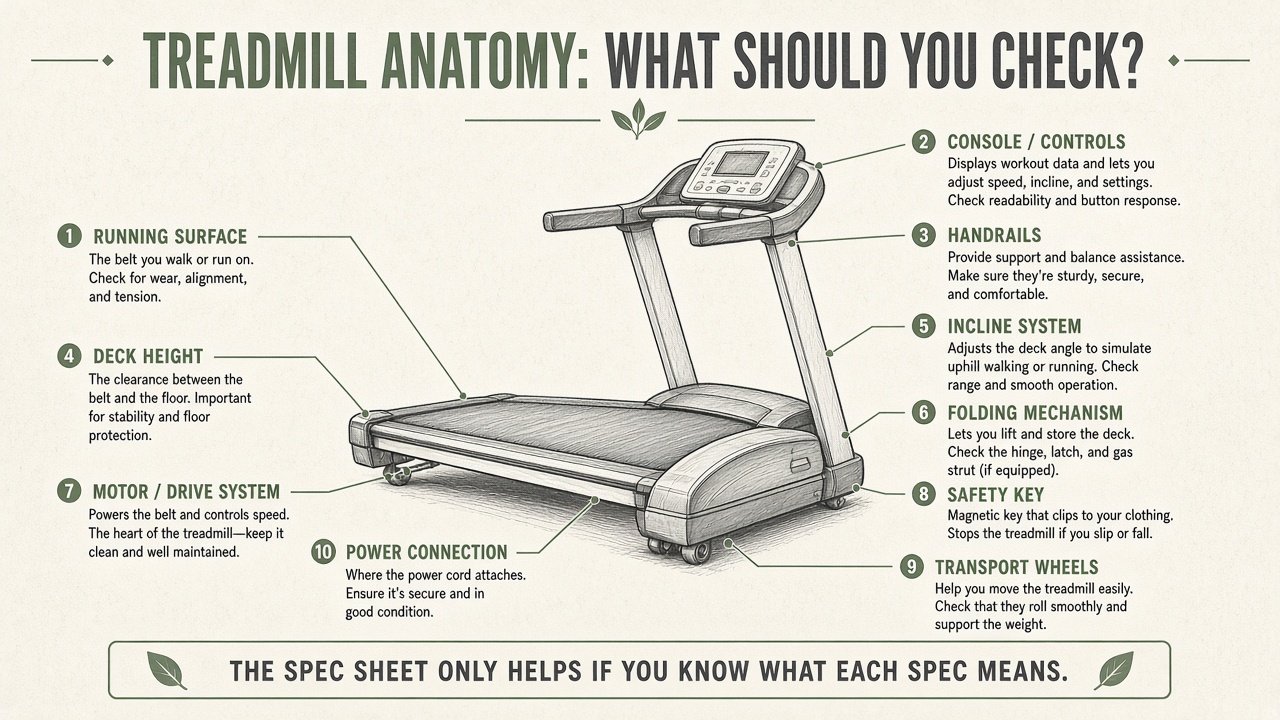 Treadmill anatomy graphic labeling belt, controls, deck height, incline, fold, motor, safety key, wheels, and power