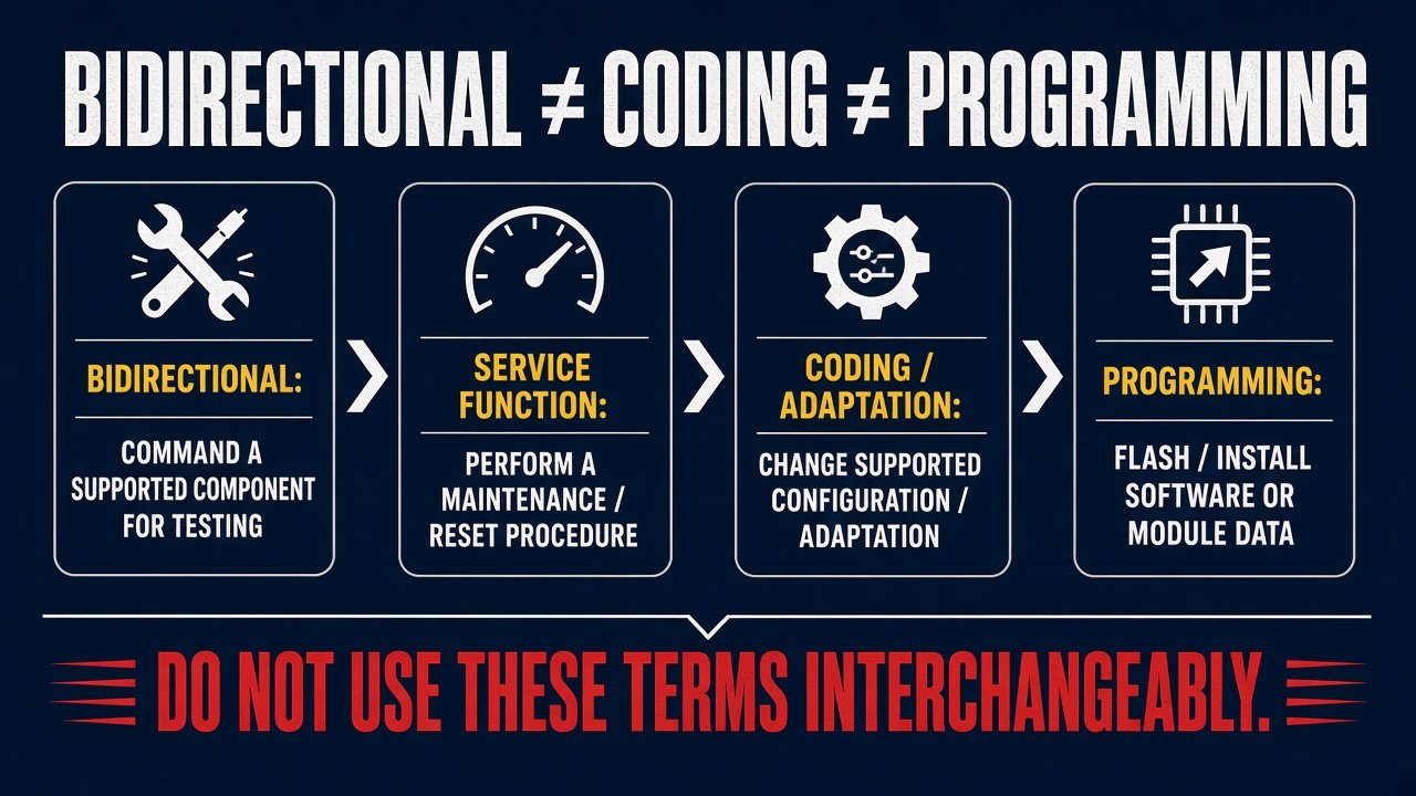 Graphic separating bidirectional tests, service functions, coding, and programming