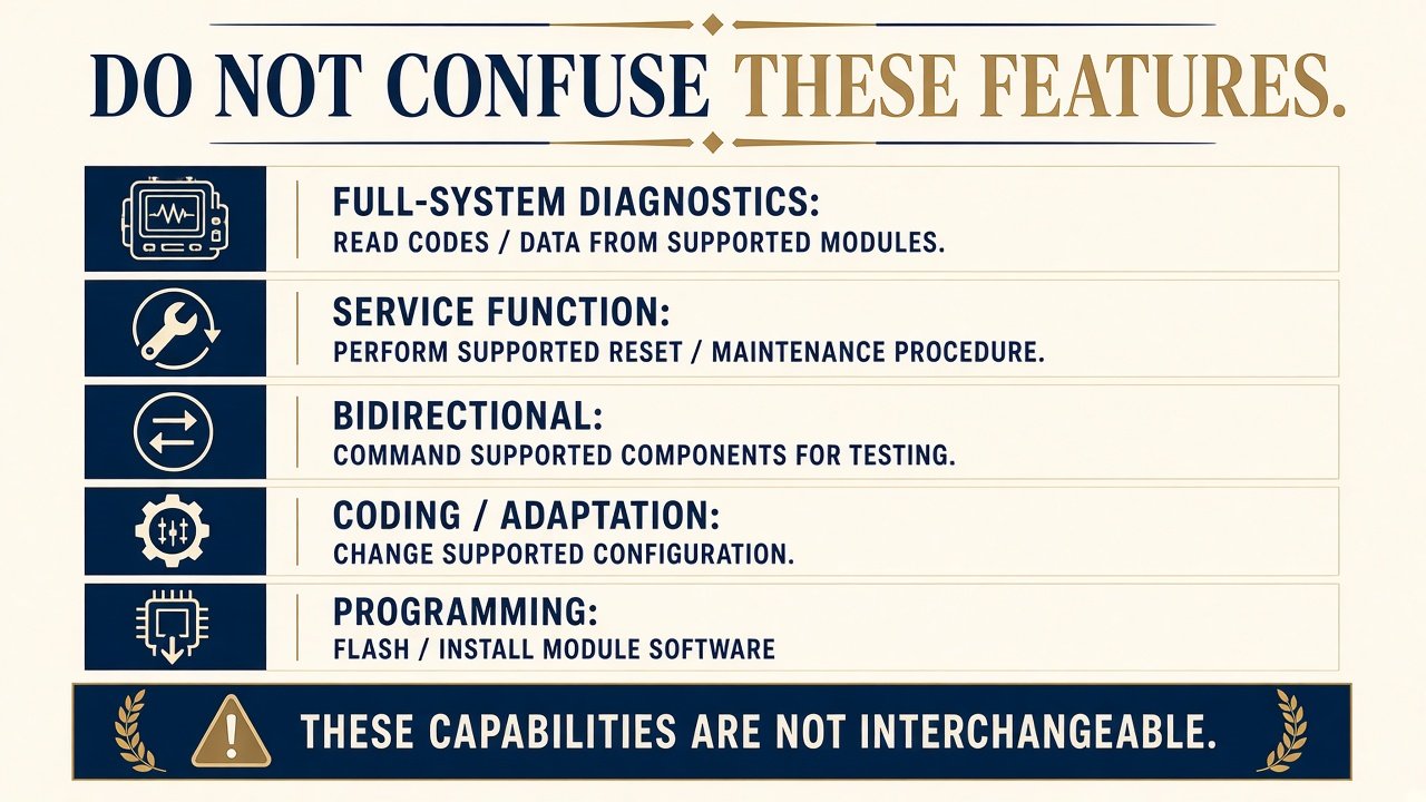 Graphic separating full-system diagnostics, service functions, bidirectional tests, coding, and programming