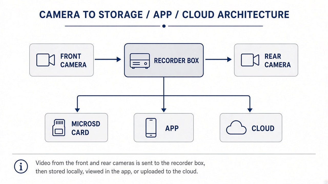 Diagram of front and rear cameras feeding a BlackVue recorder Box then microSD, app, and cloud