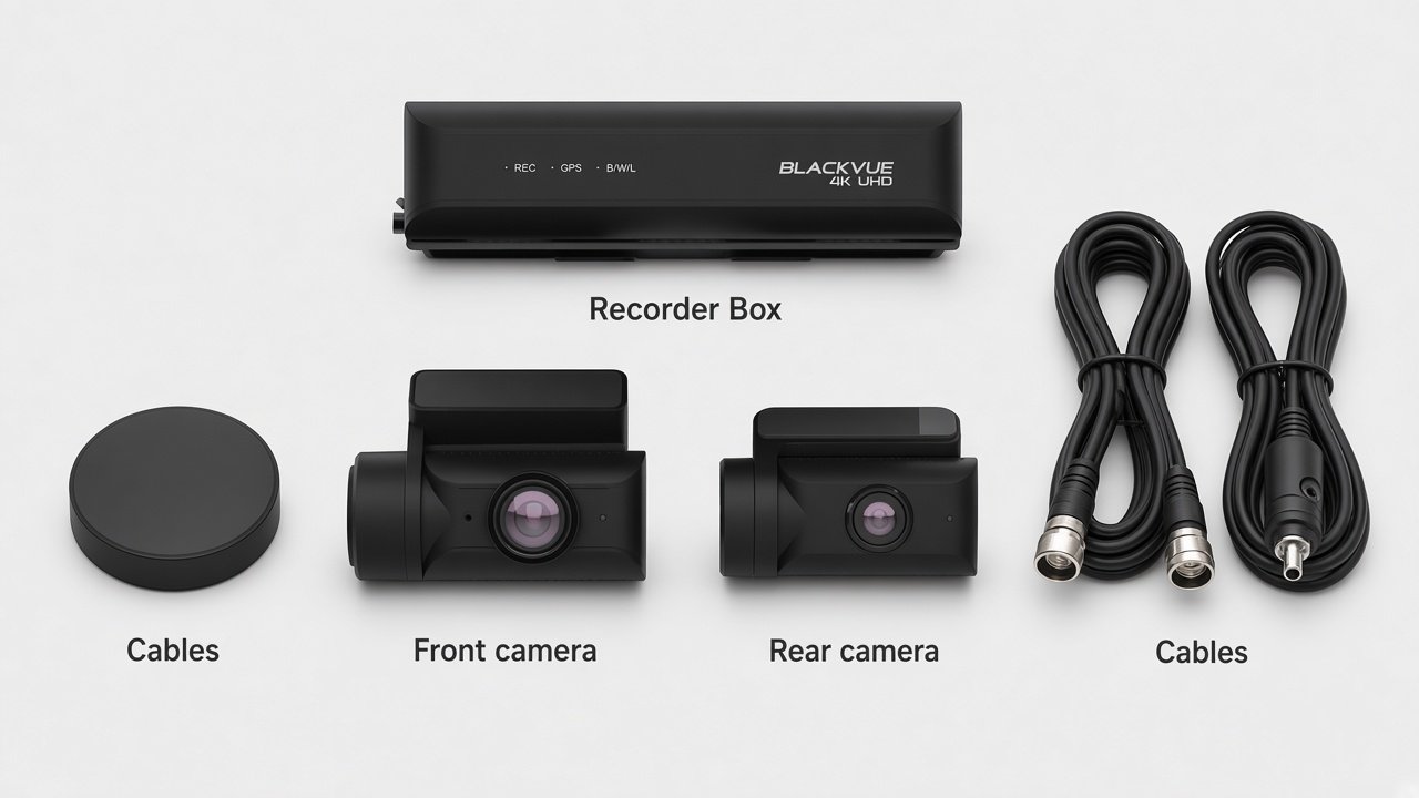 BlackVue DR970X Box-2CH Plus components: front camera, rear camera, recorder Box, cables, and GPS module