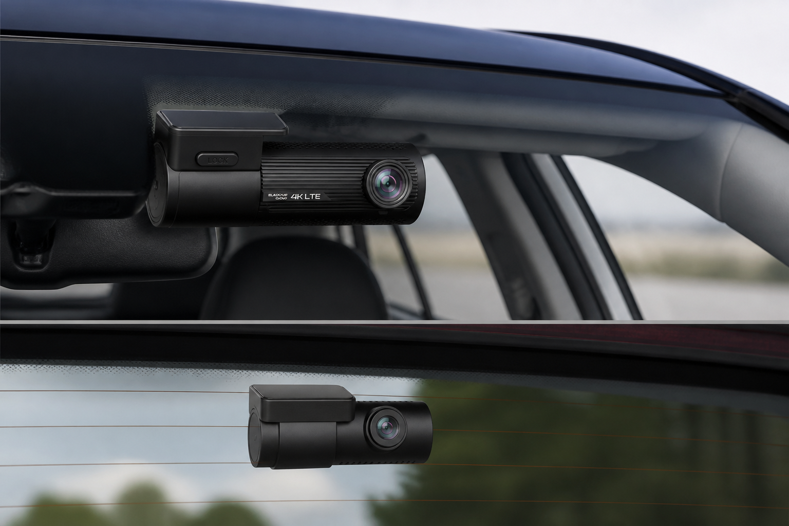 BlackVue DR970X LTE front and rear modules installed on a modern vehicle's glass.