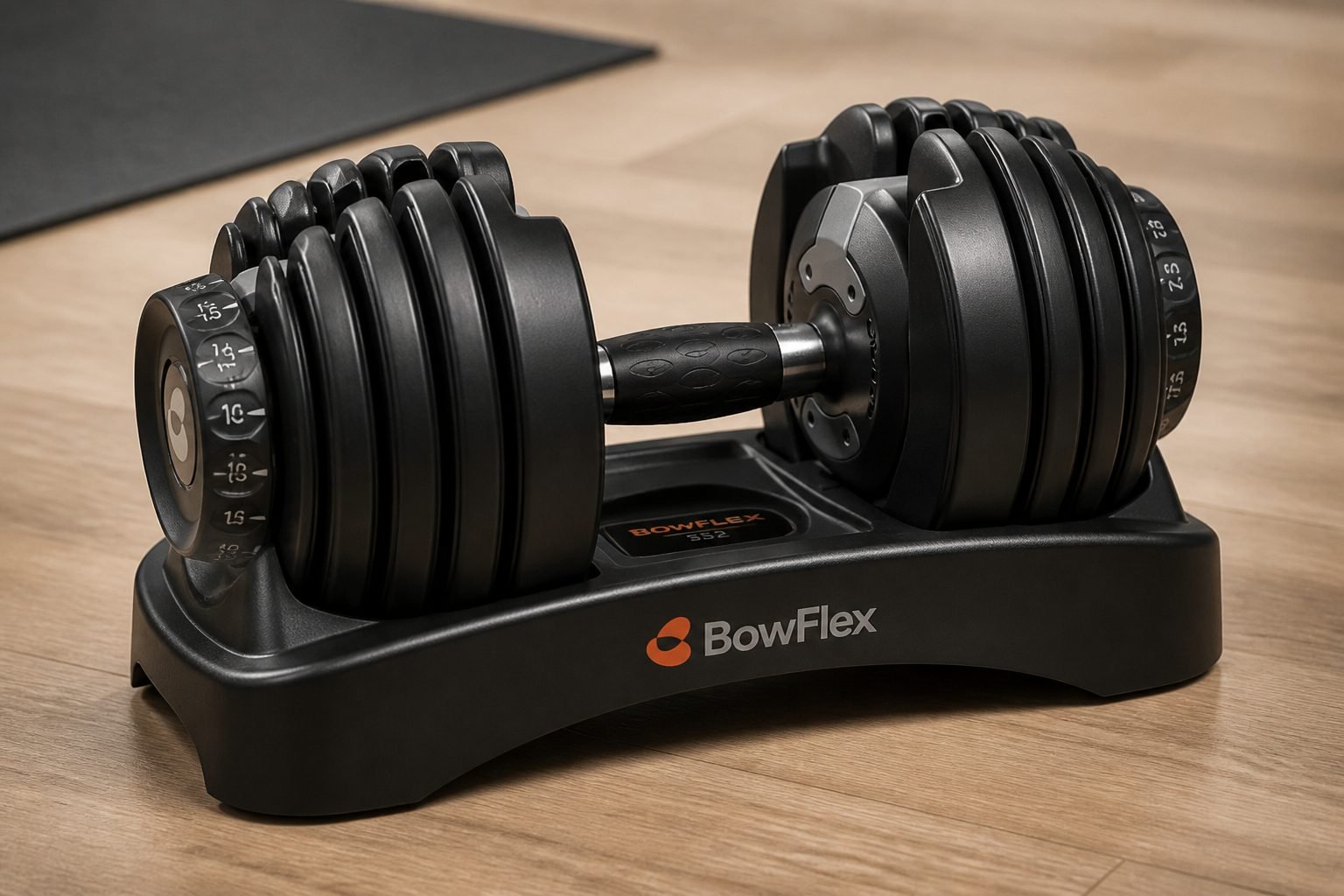 BowFlex SelectTech 552 adjustment dial, tapered plates, locking tabs, and storage cradle