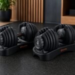 BowFlex Results Series 552 SelectTech dumbbell pair in black storage trays in a premium home gym