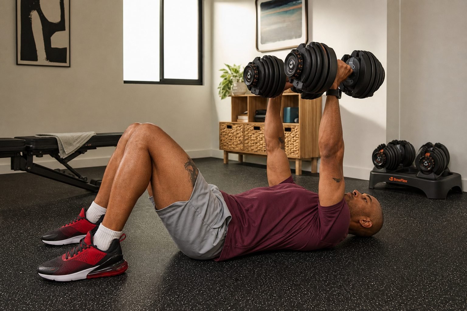 Controlled floor press with BowFlex Results Series 552 SelectTech dumbbells in a home gym