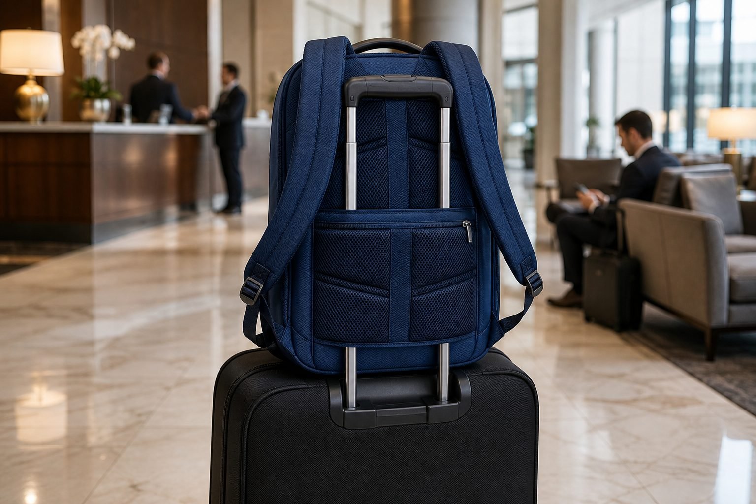 Briggs & Riley @work Slim Backpack on a rolling suitcase luggage handle in a hotel lobby