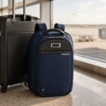 Briggs & Riley @work Slim Backpack in Navy standing in an airport terminal beside rolling carry-on luggage