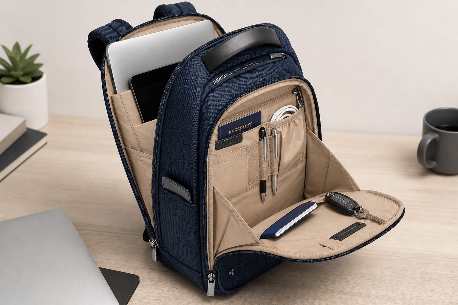 Briggs & Riley @work Slim Backpack opened to show 14-inch laptop sleeve, tablet slip, passport slot, pen loops, and cable pocket