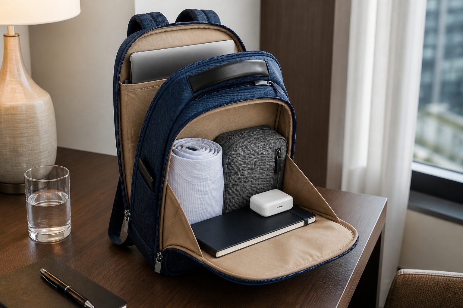 Briggs & Riley @work Slim Backpack packed with a laptop, charger, notebook, rolled shirt, and small toiletry kit