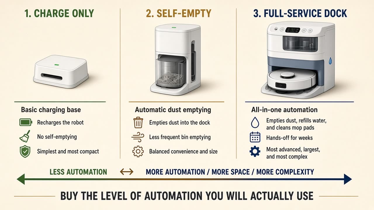 Charge-only, self-empty, and full-service robot vacuum docks