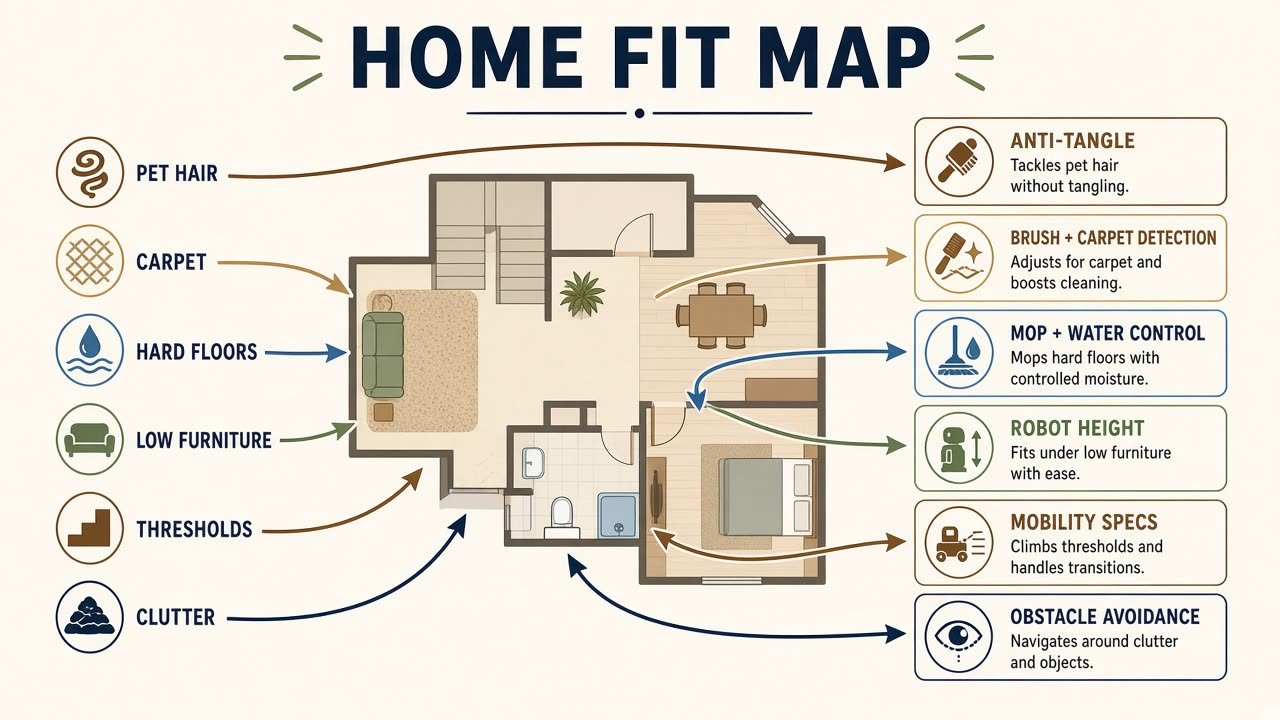 Home-fit map from pet hair carpet hard floors furniture thresholds clutter