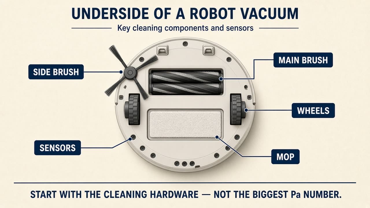 Robot vacuum underside labeled main brush side brush wheels mop sensors